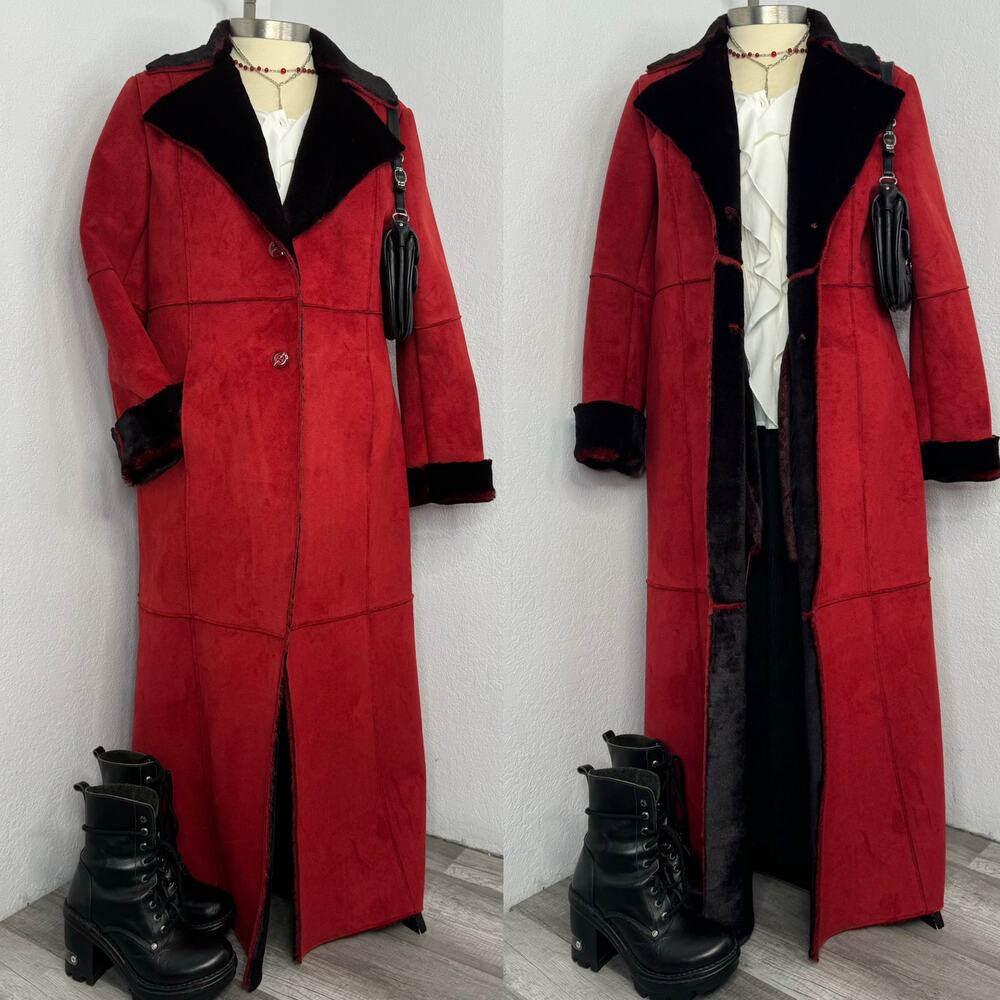 Red Black Penny Lane Long Faux Suede Coat 2 Button Goth Size XL